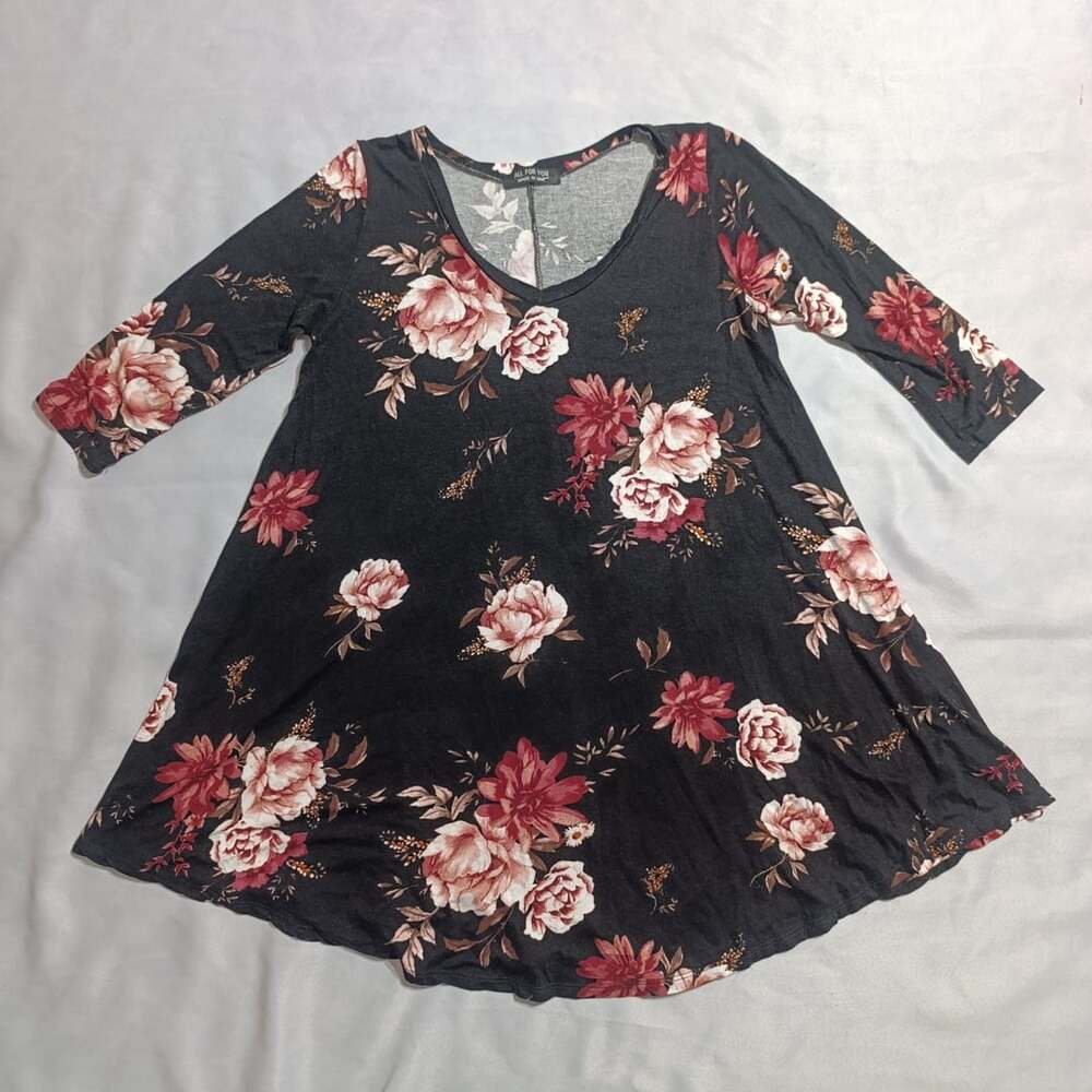 All For You Floral Dress Black Red V Neck 3/4 Sleeve